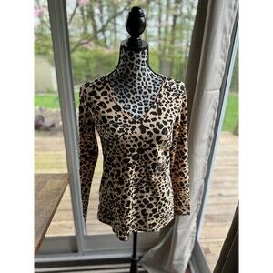 LIZ CLAIBORNE Brown Leopard Cheetah Animal Print V Neck Shirt Women Size M New